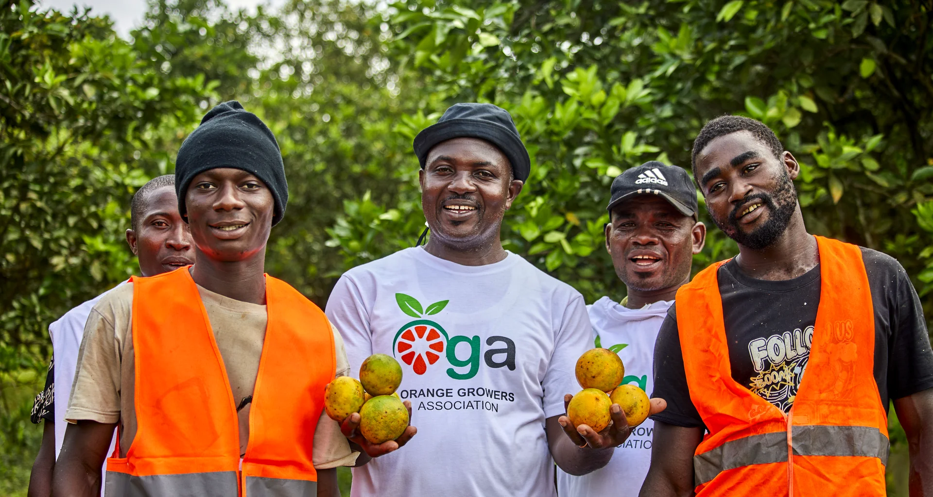 Five members of the OGA field team in an orchard, holding oranges.